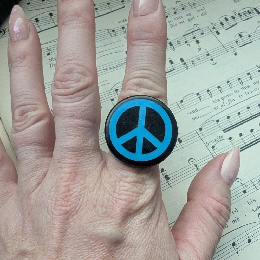 Black and Blue Peace Sign Ring Size 7